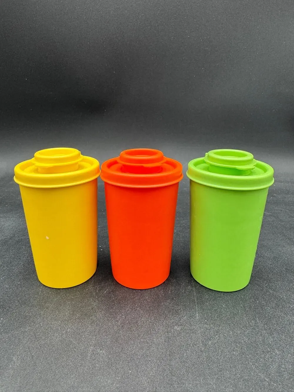 Vtg Tupperware Spice Shakers #102 w Flip Top Lids NOS Orange Yellow Green Set/3
